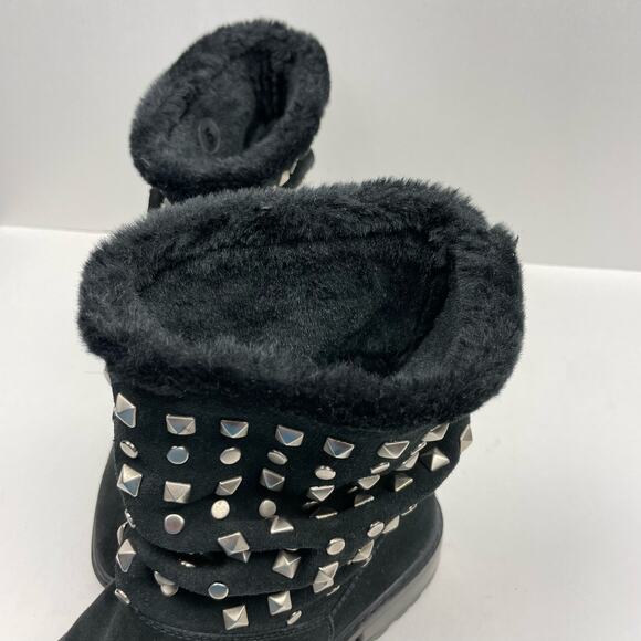 Stuart Weitzman | Arctica 5 Narrow Black Faux Fur Studded Slouchy Pull On Boots - Picture 9 of 12